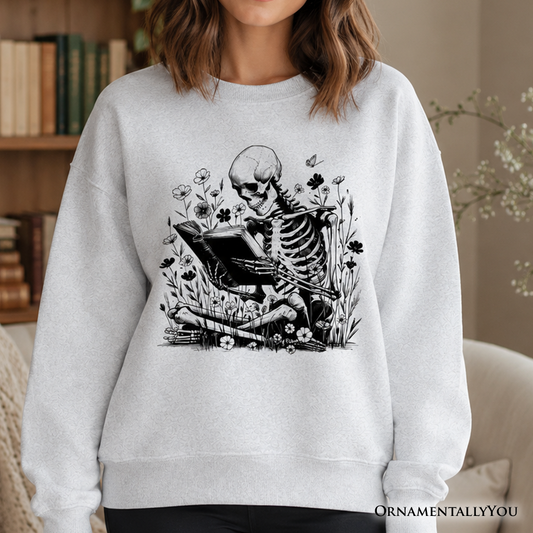 Reading Skeleton Sweatshirt, Gothic Floral Halloween Sweater, Spooky Bookworm Pullover, Dark Academia Gift for Book Lovers