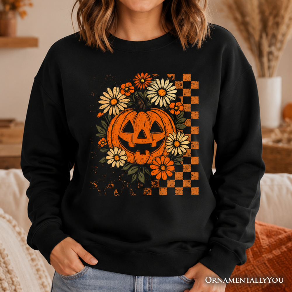 Checkered Floral Pumpkin Sweatshirt, Retro Preppy Fall Sweater, Cute Halloween Pullover, Trendy Spooky Season Gift