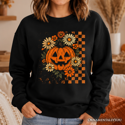Checkered Floral Pumpkin Sweatshirt, Retro Preppy Fall Sweater, Cute Halloween Pullover, Trendy Spooky Season Gift