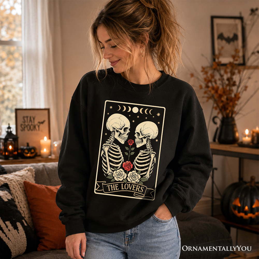 Skeleton Lovers Tarot Sweatshirt, Gothic Moon Phase Sweater, Dark Romance Rose Pullover, Mystical Gift for Tarot Lovers