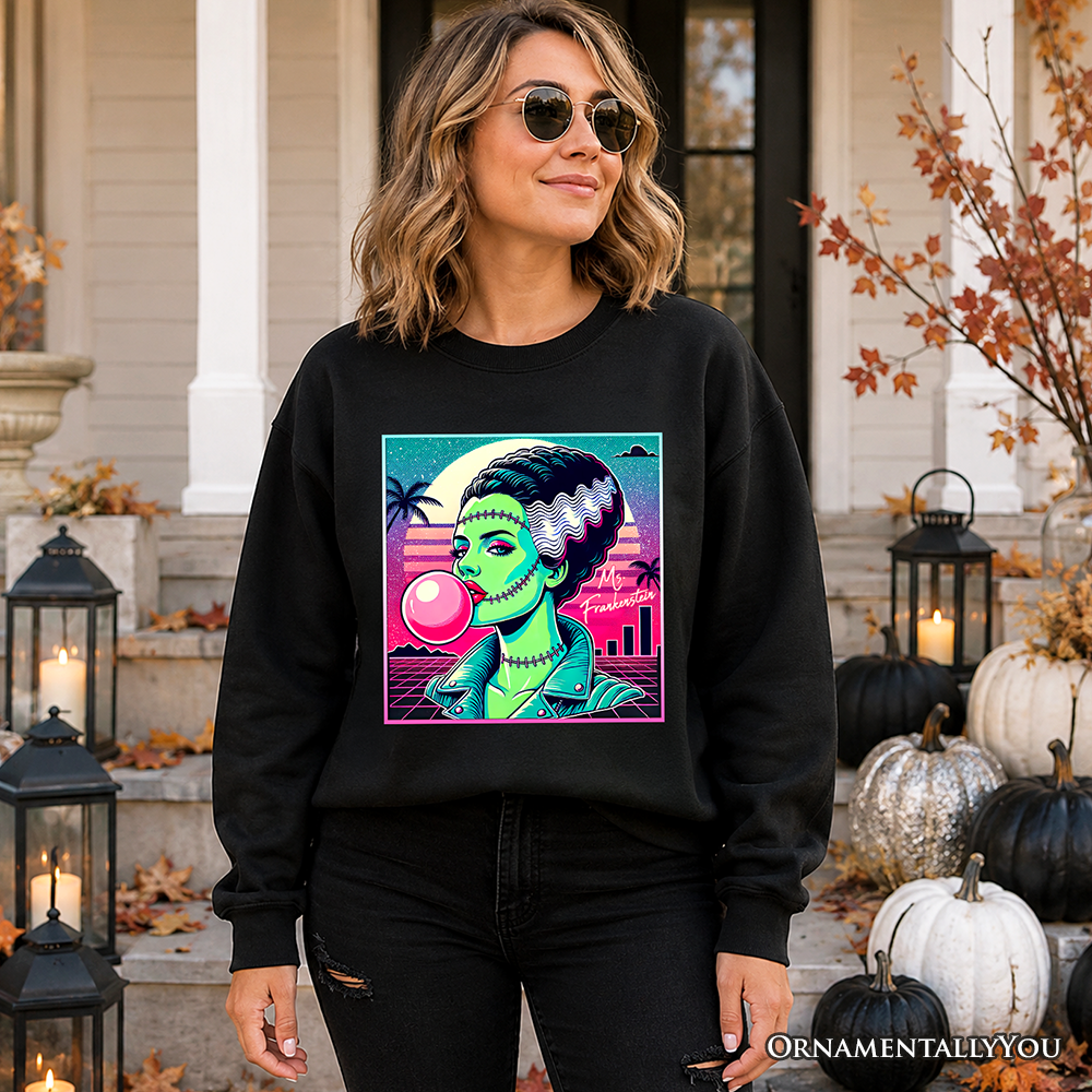 Mrs Frankenstein Sweatshirt, Vaporwave Retro Neon Horror Sweater, Synthwave 80s Halloween Pullover, Gothic Monster Gift