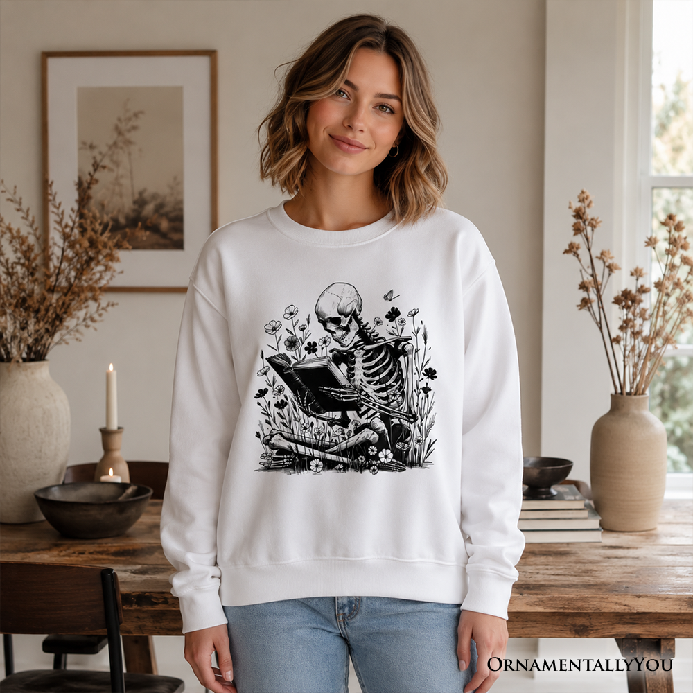 Reading Skeleton Sweatshirt, Gothic Floral Halloween Sweater, Spooky Bookworm Pullover, Dark Academia Gift for Book Lovers
