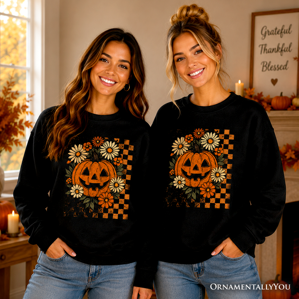 Checkered Floral Pumpkin Sweatshirt, Retro Preppy Fall Sweater, Cute Halloween Pullover, Trendy Spooky Season Gift