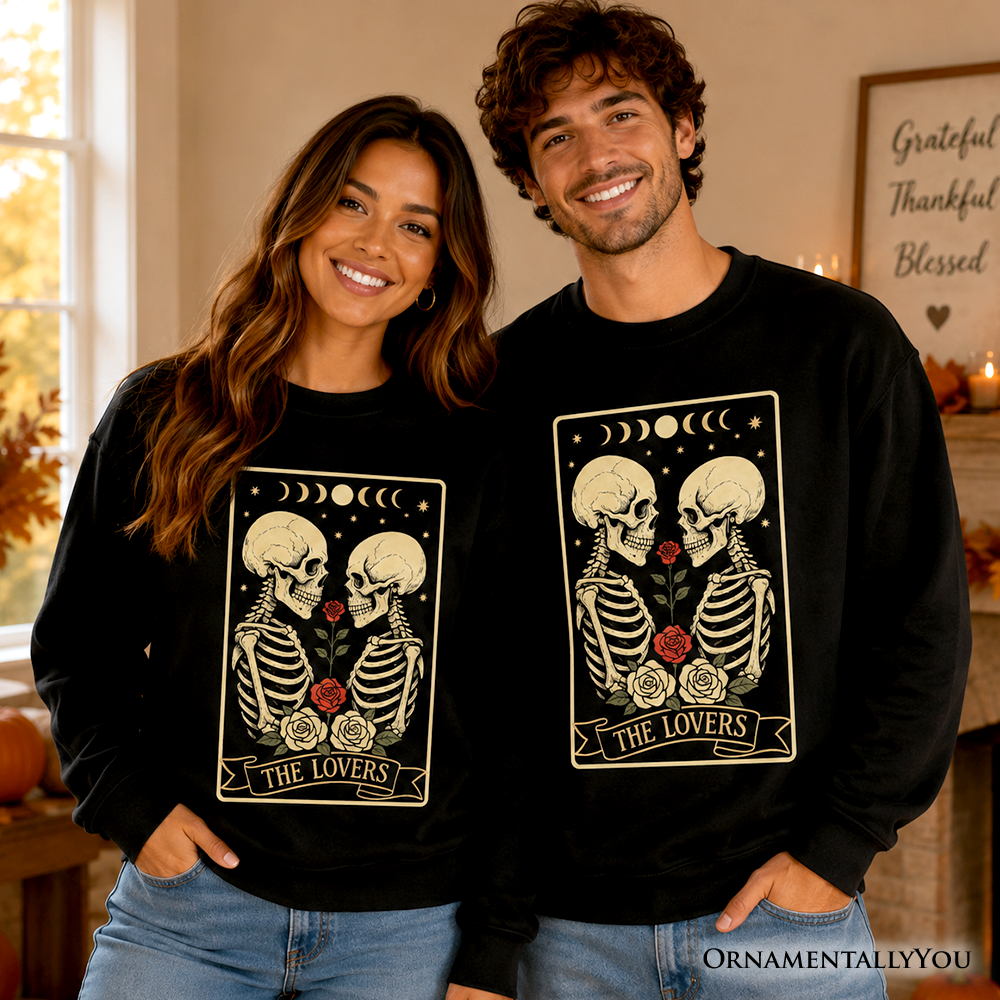 Skeleton Lovers Tarot Sweatshirt, Gothic Moon Phase Sweater, Dark Romance Rose Pullover, Mystical Gift for Tarot Lovers