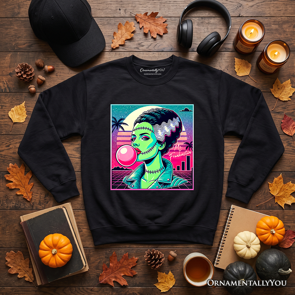Mrs Frankenstein Sweatshirt, Vaporwave Retro Neon Horror Sweater, Synthwave 80s Halloween Pullover, Gothic Monster Gift