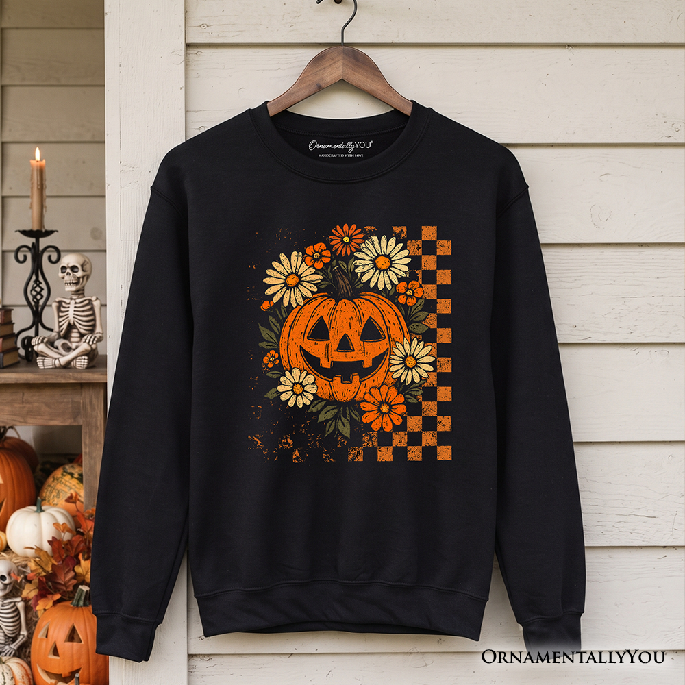 Checkered Floral Pumpkin Sweatshirt, Retro Preppy Fall Sweater, Cute Halloween Pullover, Trendy Spooky Season Gift