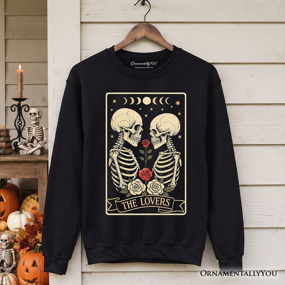 Skeleton Lovers Tarot Sweatshirt, Gothic Moon Phase Sweater, Dark Romance Rose Pullover, Mystical Gift for Tarot Lovers