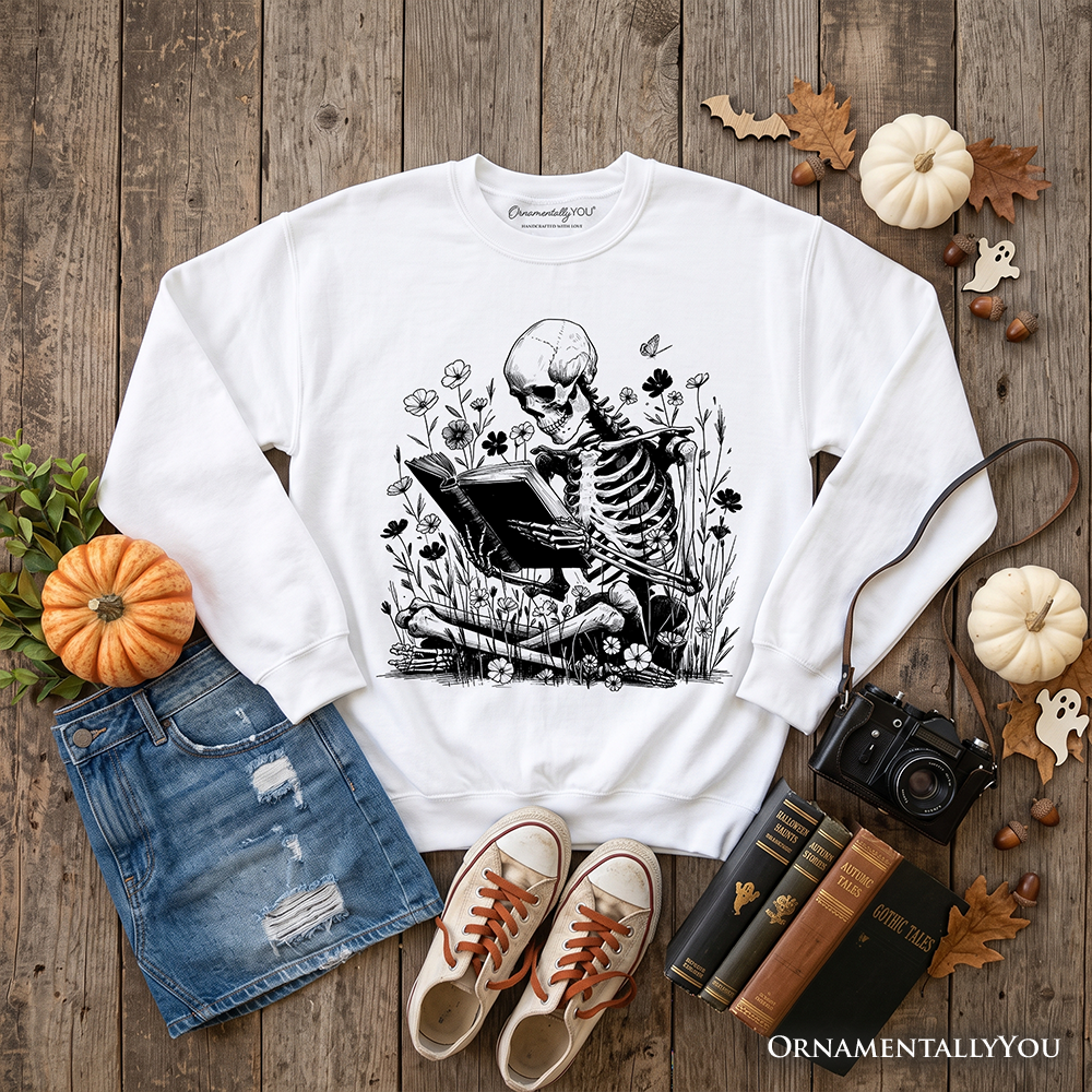 Reading Skeleton Sweatshirt, Gothic Floral Halloween Sweater, Spooky Bookworm Pullover, Dark Academia Gift for Book Lovers