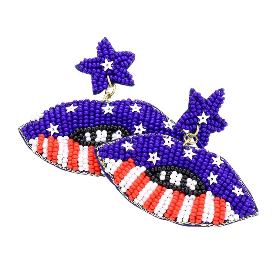 Felt Back Beaded Star American USA Flag Lip Dangle Earrings