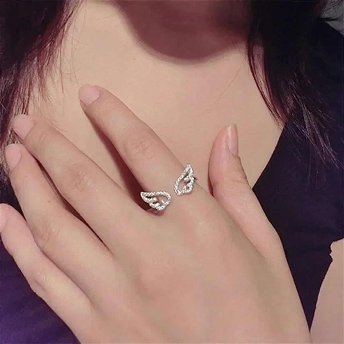 Angel Wings Zircon Ring for Women, Adjustable Silver Statement Ring, Elegant Fashion Jewelry Gift