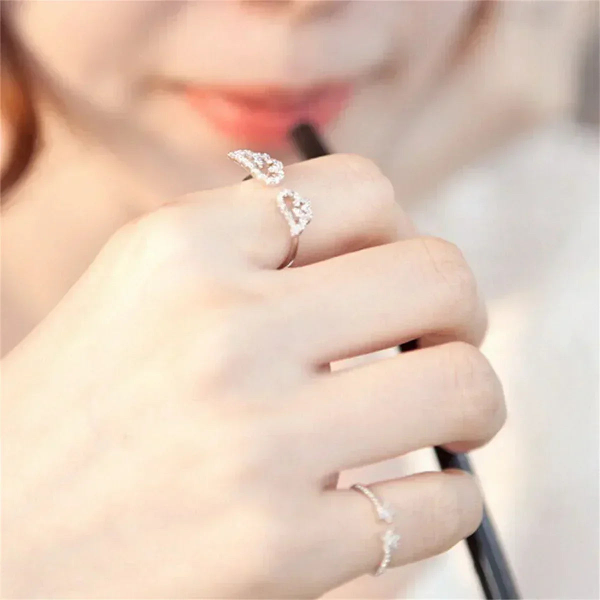Angel Wings Zircon Ring for Women, Adjustable Silver Statement Ring, Elegant Fashion Jewelry Gift