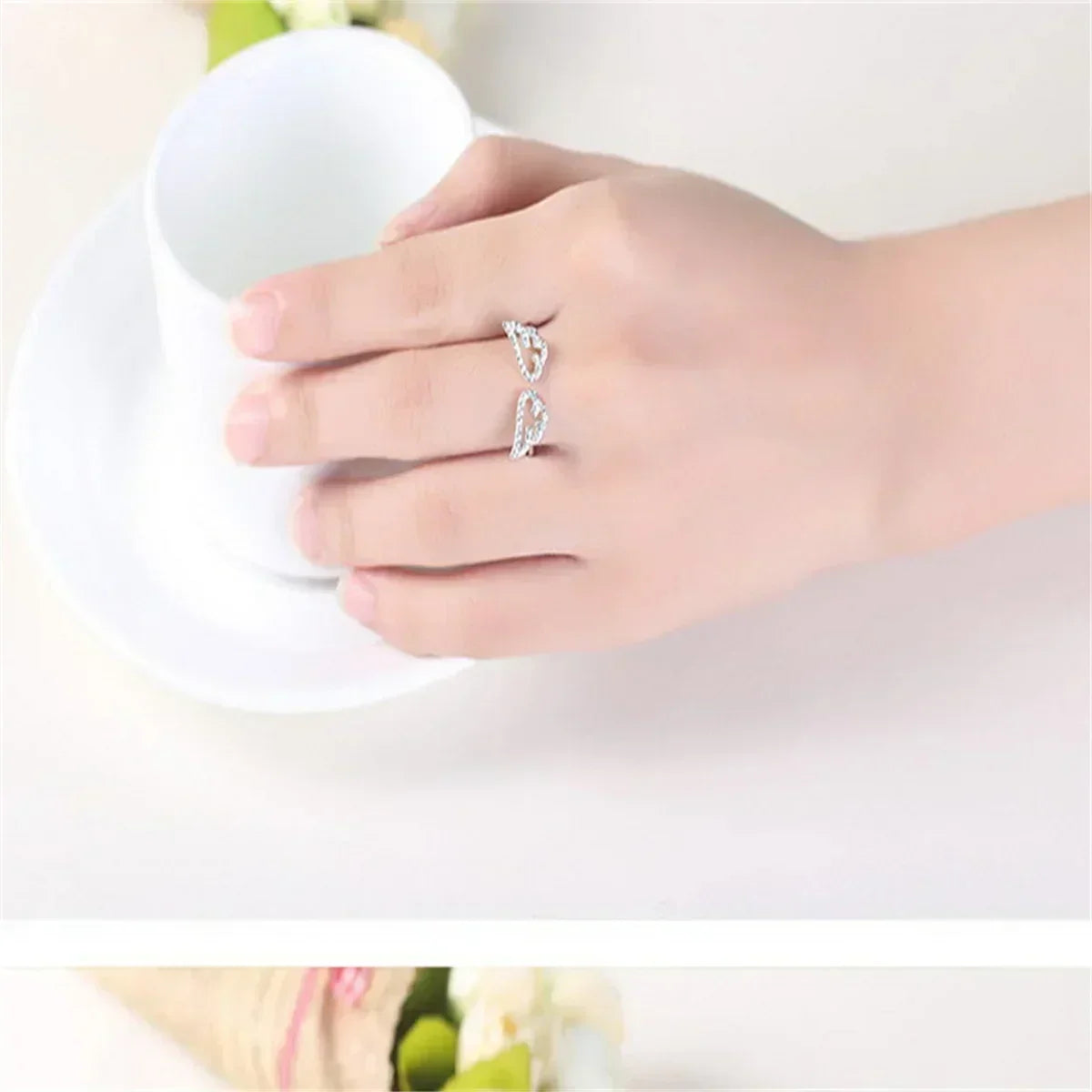 Angel Wings Zircon Ring for Women, Adjustable Silver Statement Ring, Elegant Fashion Jewelry Gift