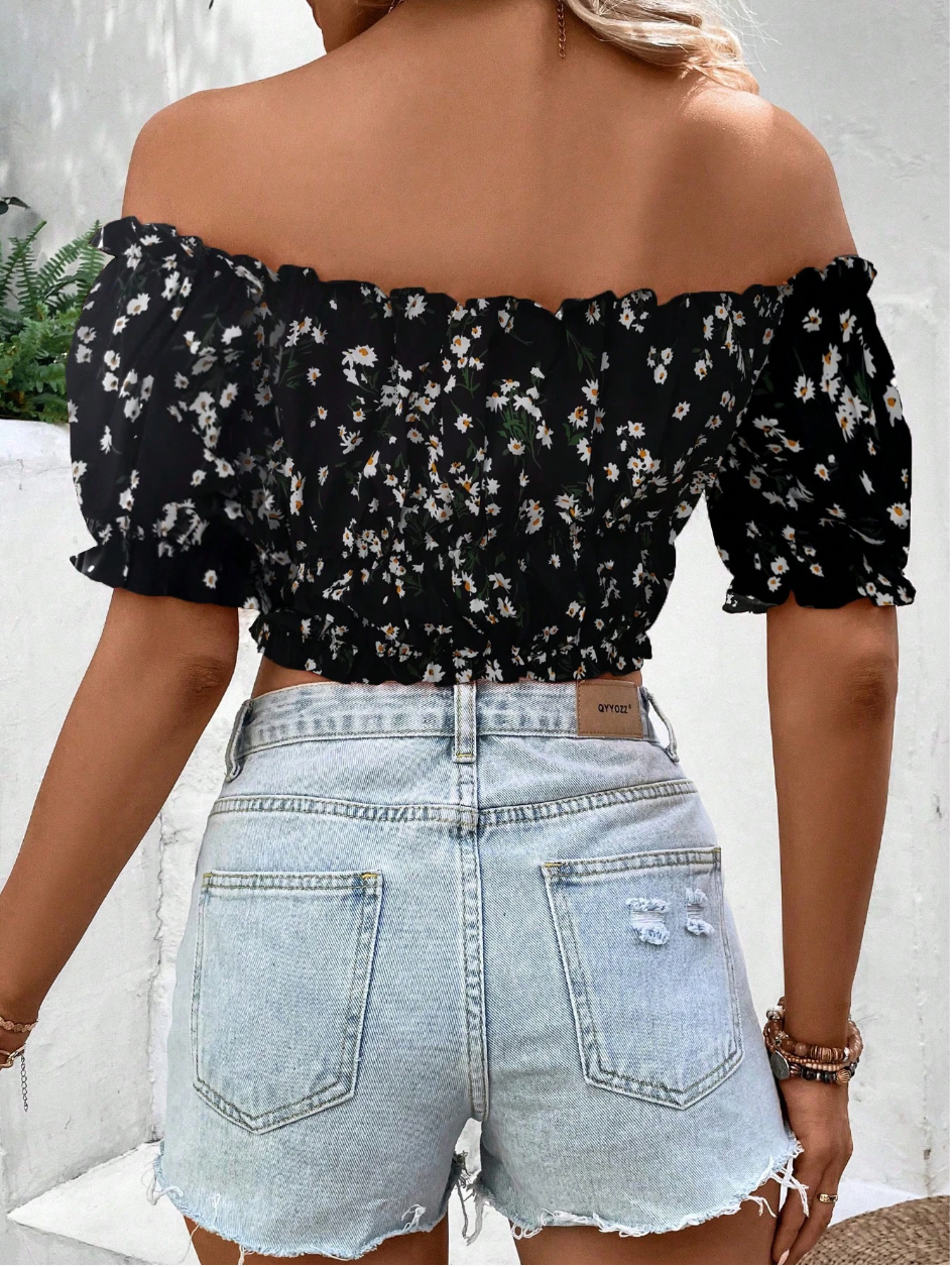 Women's Off Shoulder Short Sleeve Bow-Tied Floral Print Casual Top