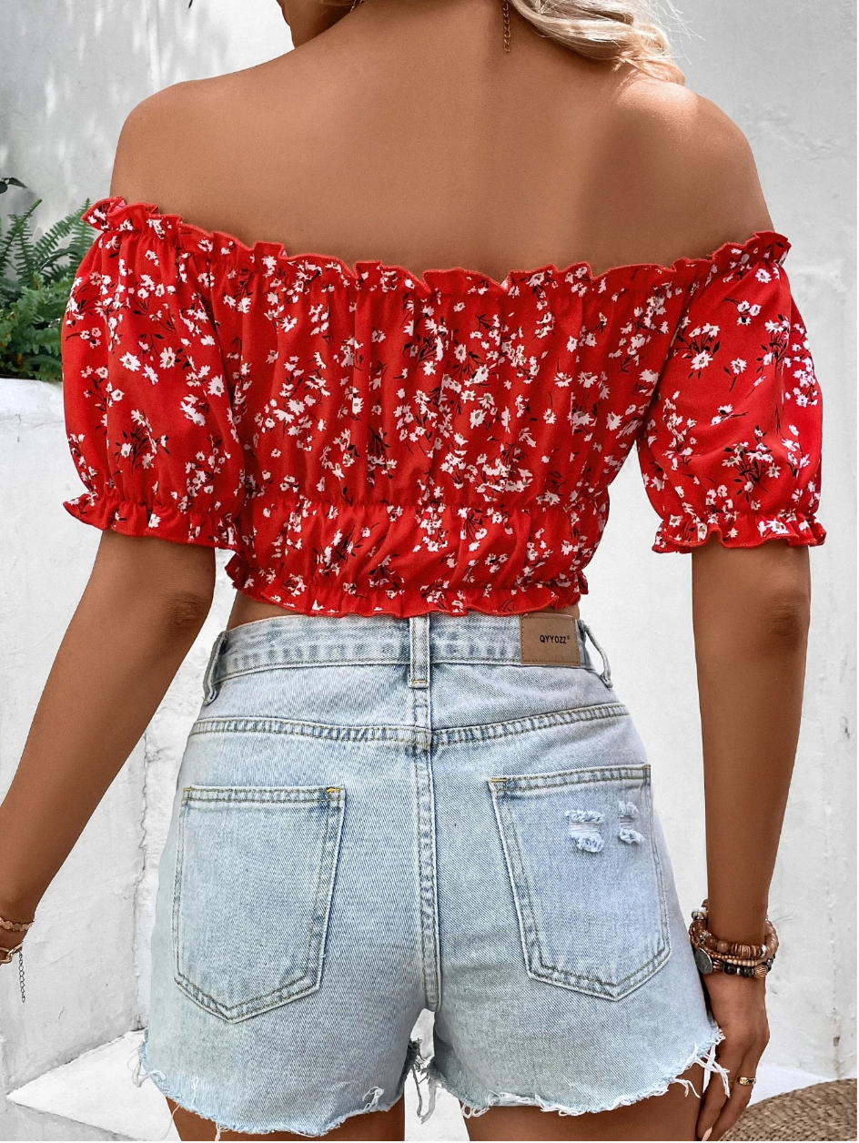 Women's Off Shoulder Short Sleeve Bow-Tied Floral Print Casual Top
