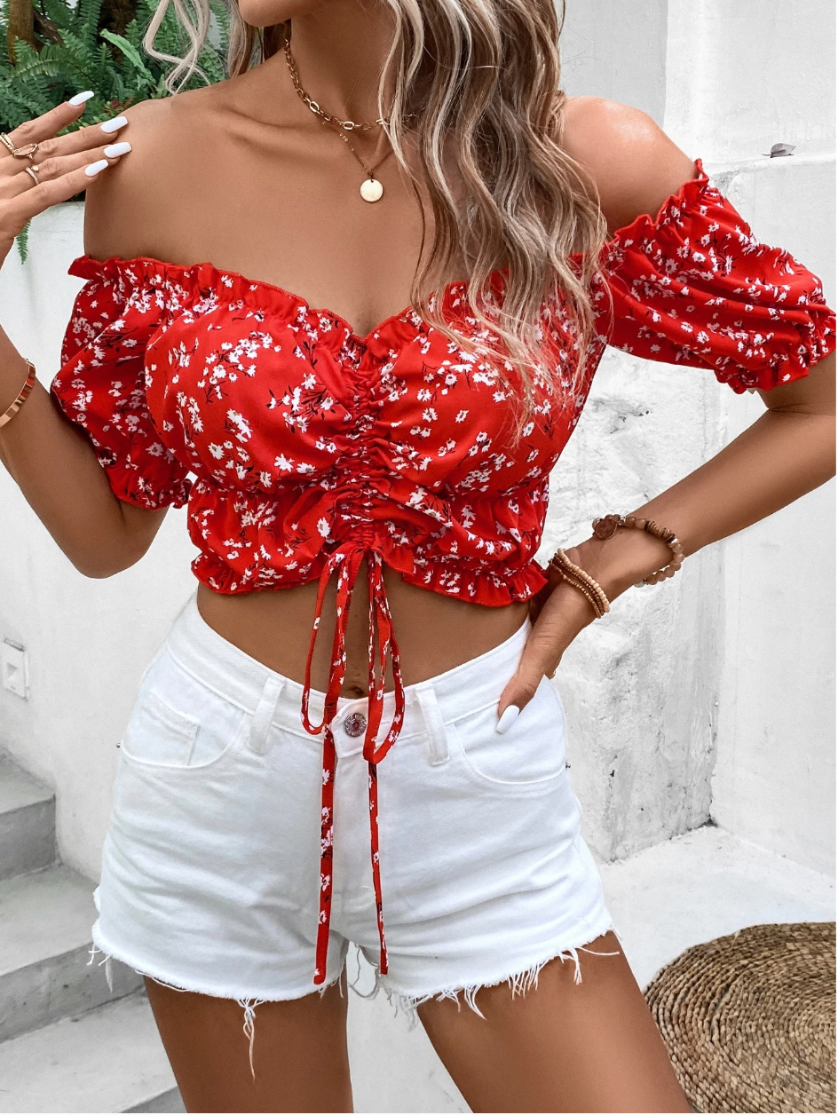 Women's Off Shoulder Short Sleeve Bow-Tied Floral Print Casual Top