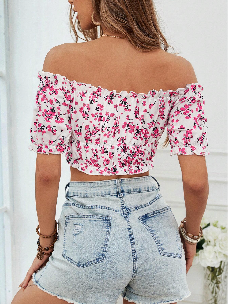 Women's Off Shoulder Short Sleeve Bow-Tied Floral Print Casual Top