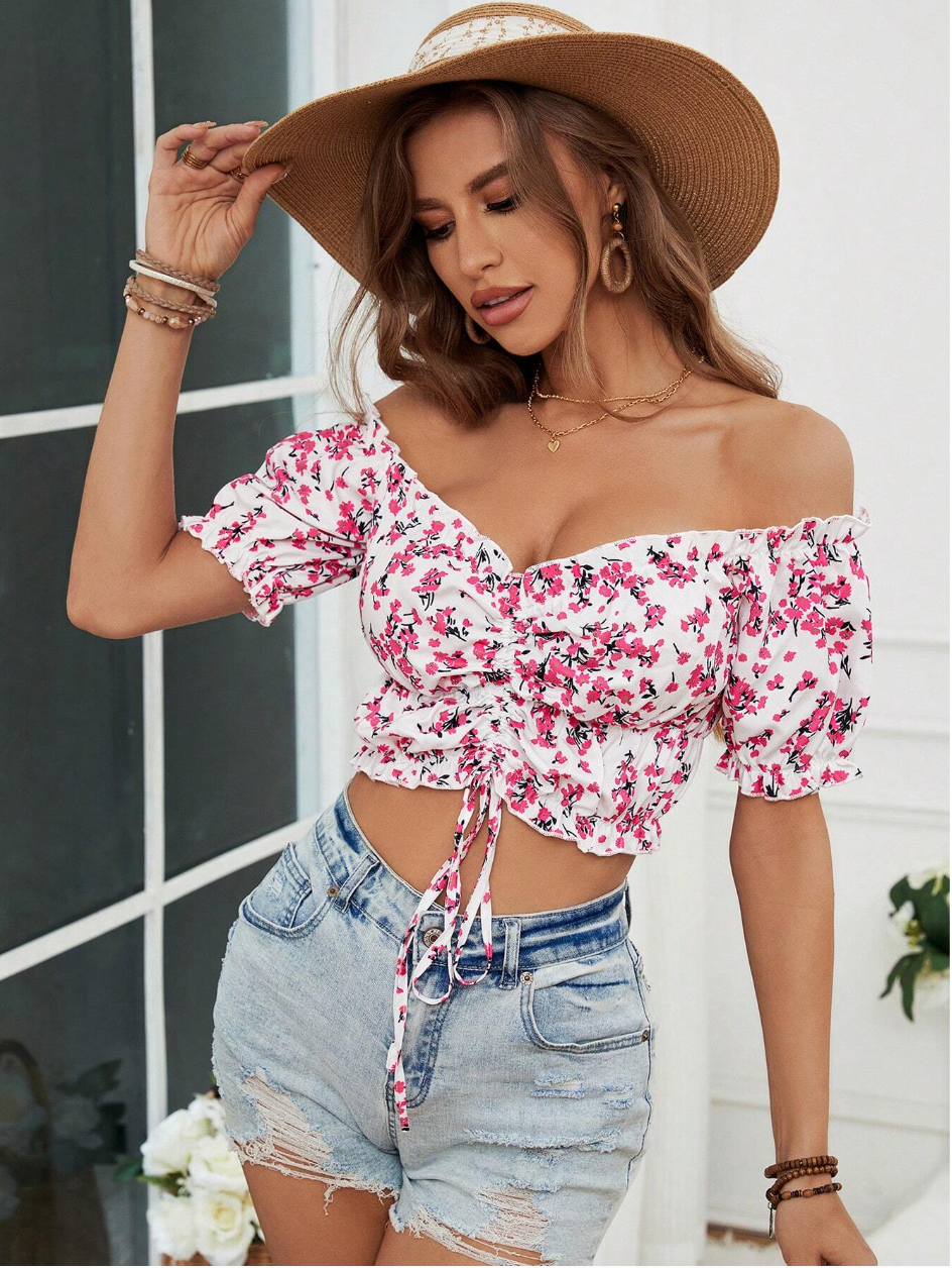 Women's Off Shoulder Short Sleeve Bow-Tied Floral Print Casual Top