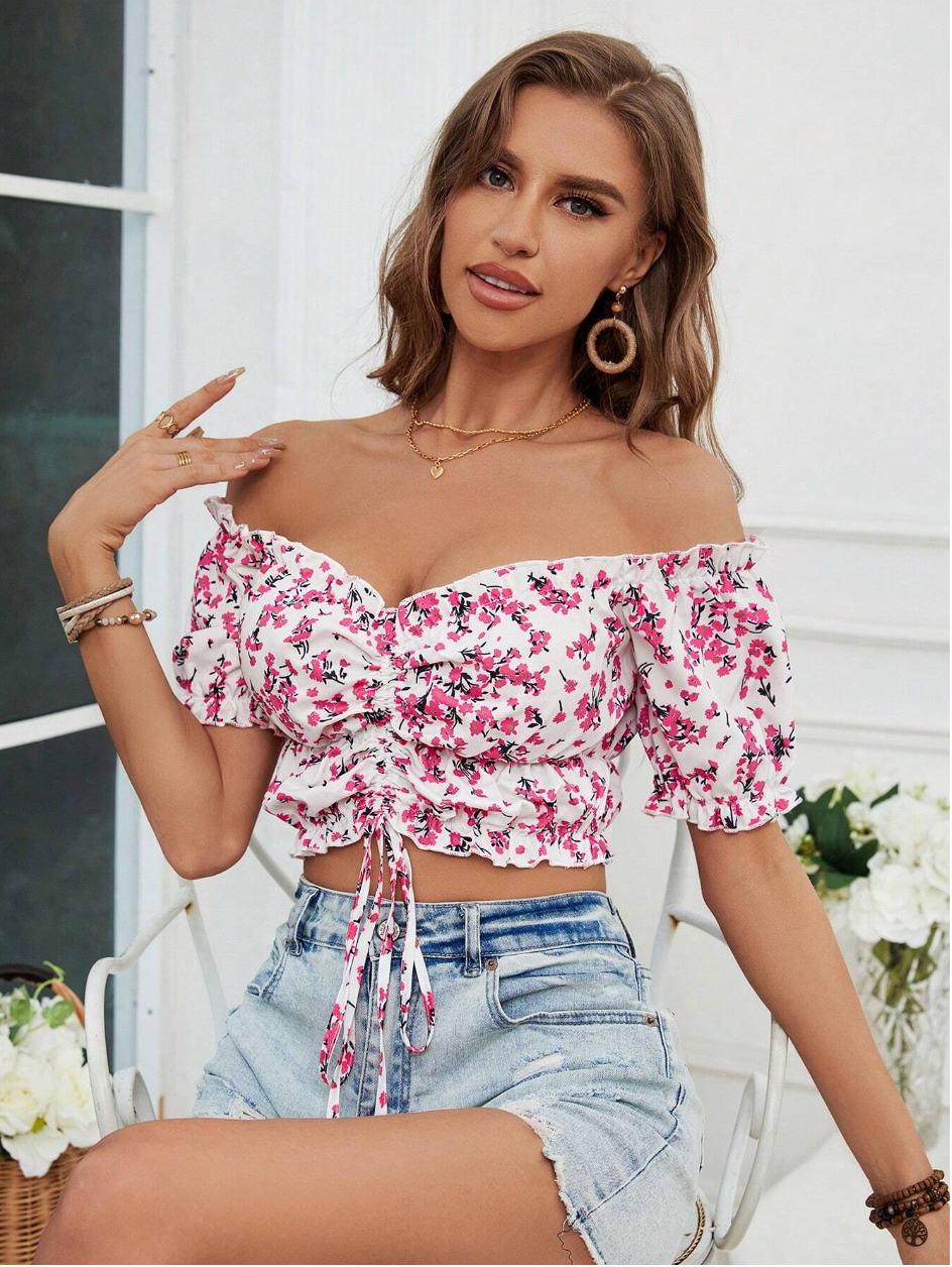 Women's Off Shoulder Short Sleeve Bow-Tied Floral Print Casual Top