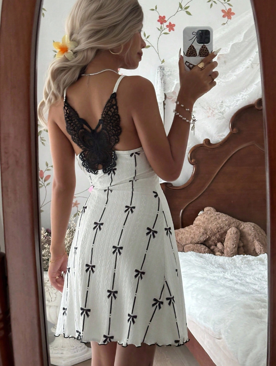 CottageSlumber Romantic Butterfly Lace Knit Jacquard Nightgown – Summer Sundress with Bow Print & Back Detail