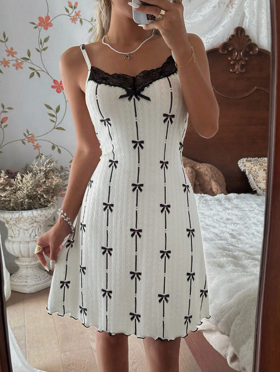 CottageSlumber Romantic Butterfly Lace Knit Jacquard Nightgown – Summer Sundress with Bow Print & Back Detail