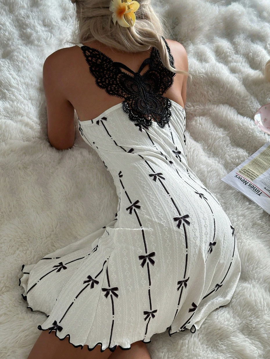 CottageSlumber Romantic Butterfly Lace Knit Jacquard Nightgown – Summer Sundress with Bow Print & Back Detail