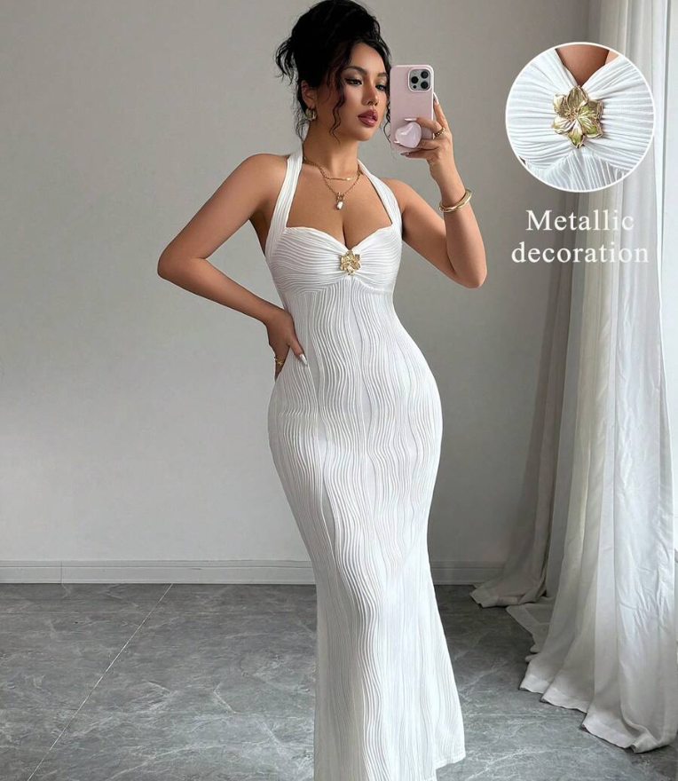Elegant Wavy Texture Halter Bodycon Dress with Fishtail Hem & Metallic Detail