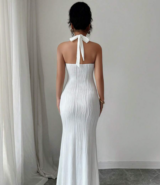 Elegant Wavy Texture Halter Bodycon Dress with Fishtail Hem & Metallic Detail