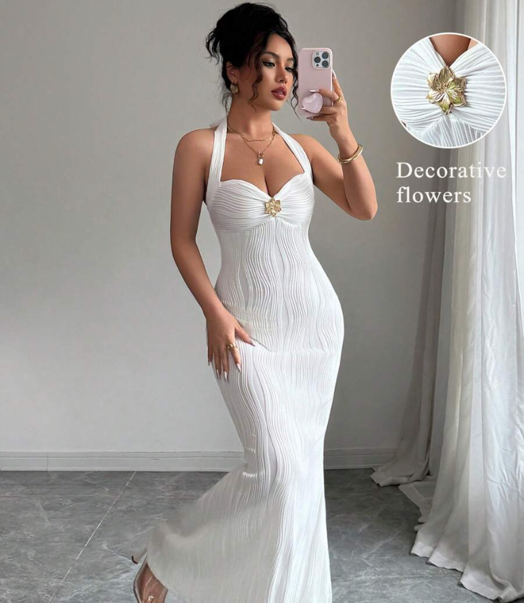 Elegant Wavy Texture Halter Bodycon Dress with Fishtail Hem & Metallic Detail