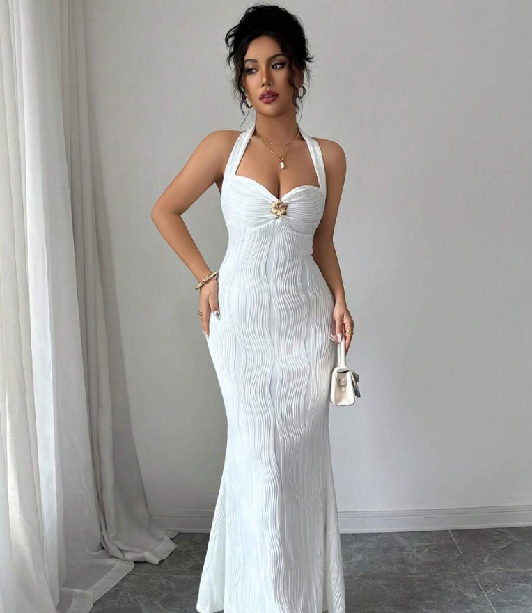 Elegant Wavy Texture Halter Bodycon Dress with Fishtail Hem & Metallic Detail