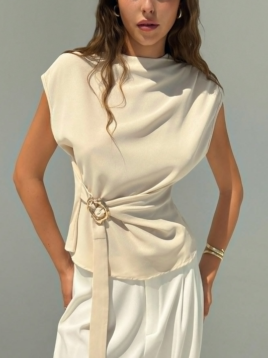 Minimalist Apricot Blouse with Capped Sleeves, Cinched Waist & Metal Detail – Women’s Office Wear