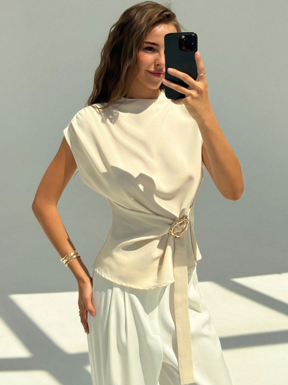 Minimalist Apricot Blouse with Capped Sleeves, Cinched Waist & Metal Detail – Women’s Office Wear