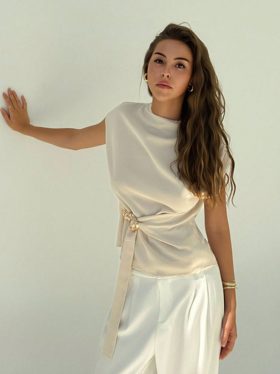Minimalist Apricot Blouse with Capped Sleeves, Cinched Waist & Metal Detail – Women’s Office Wear
