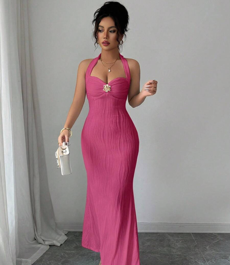 Elegant Wavy Texture Halter Bodycon Dress with Fishtail Hem & Metallic Detail