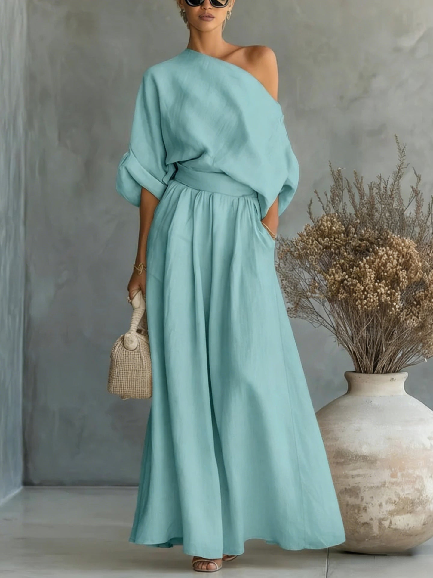 Women's Off-Shoulder Cropped Top and Pants Two-Piece Set
