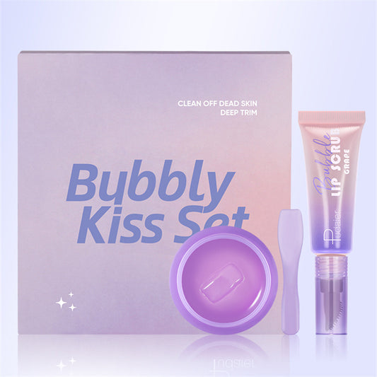 Bubbly Kiss Set with packaging and skincare product on a light purple background