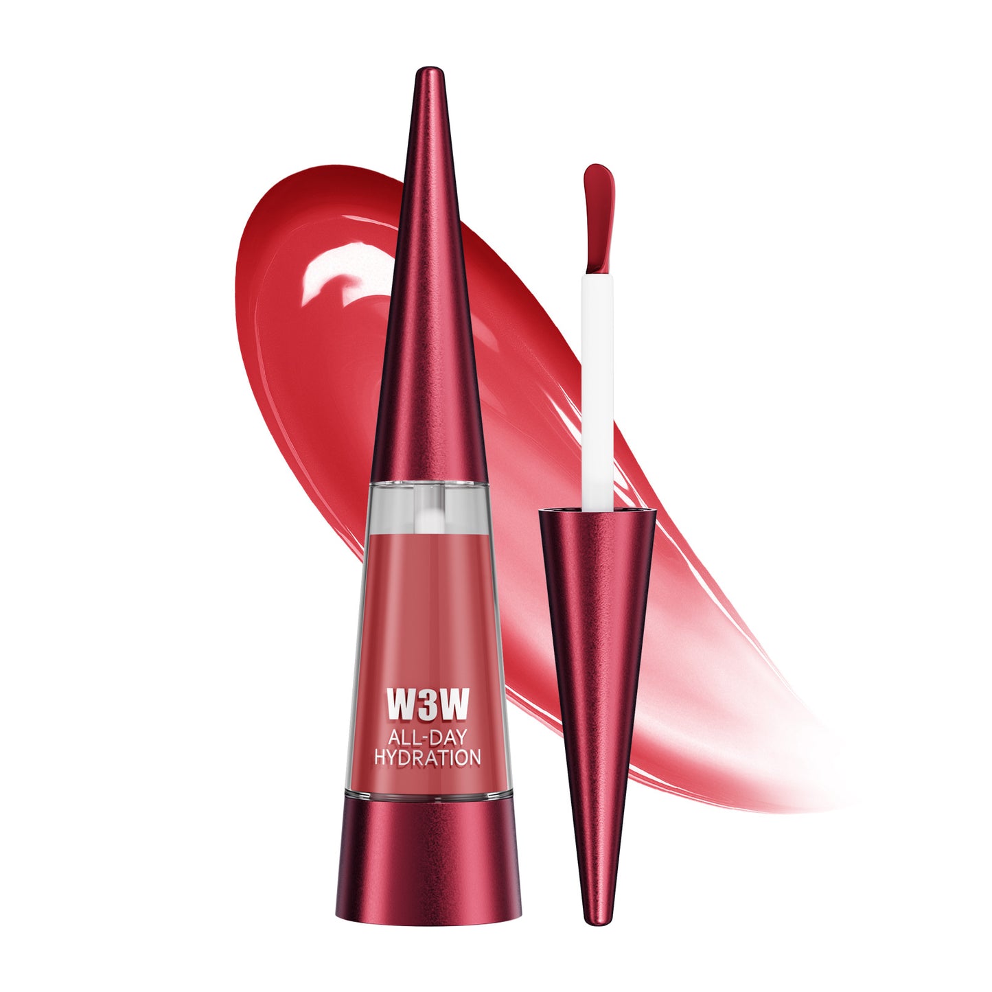 Red lip gloss with applicator on a white background