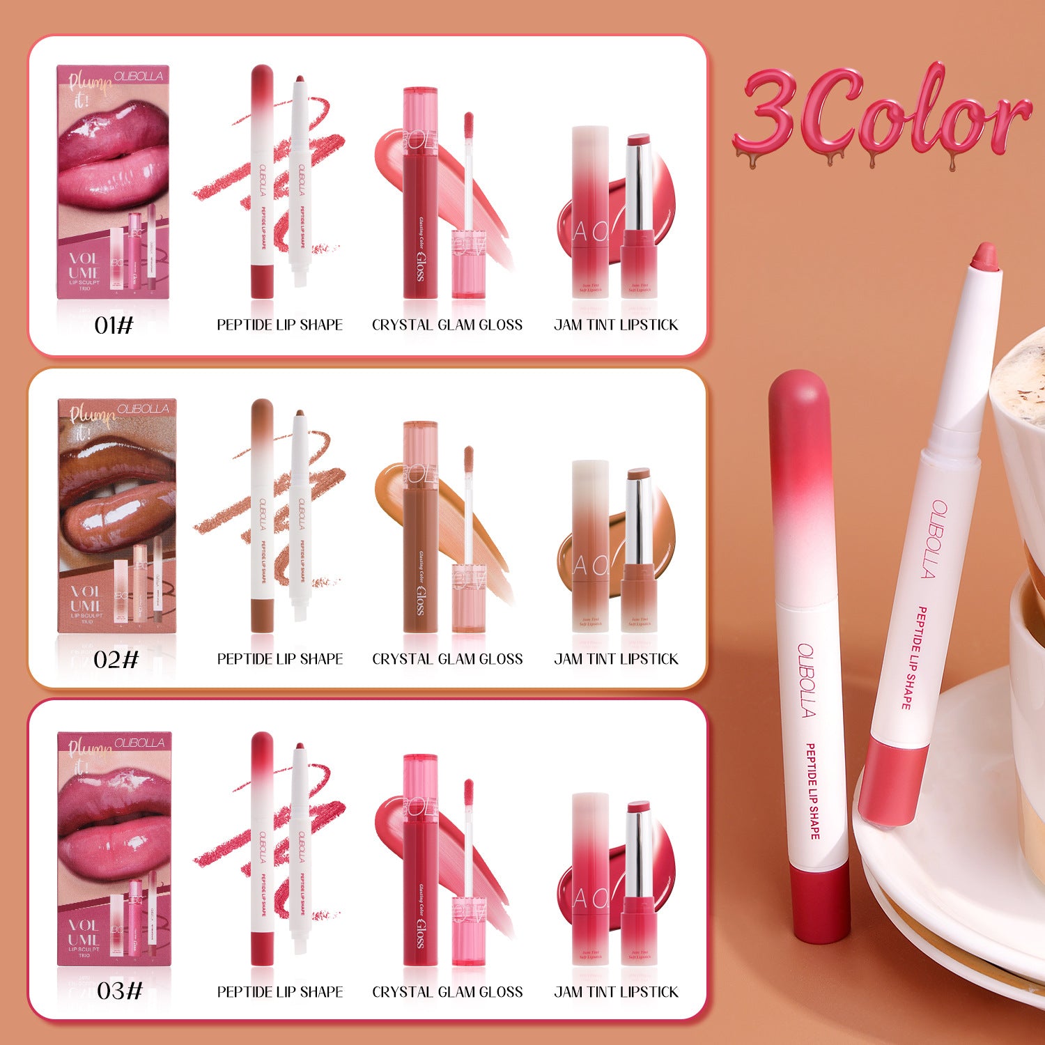 Lip products including lip gloss, lipstick, and lip liner with '3Color' branding on a peach background.