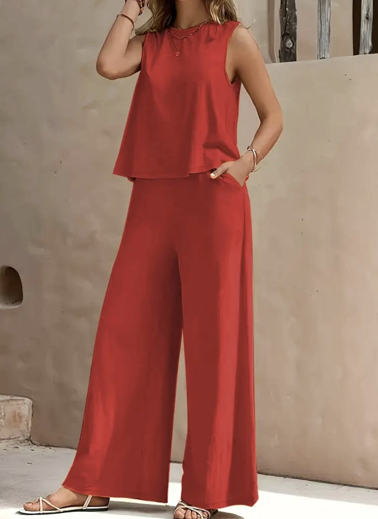 Women Solid Color Two Piece Set Loose Top and Full Length Pants