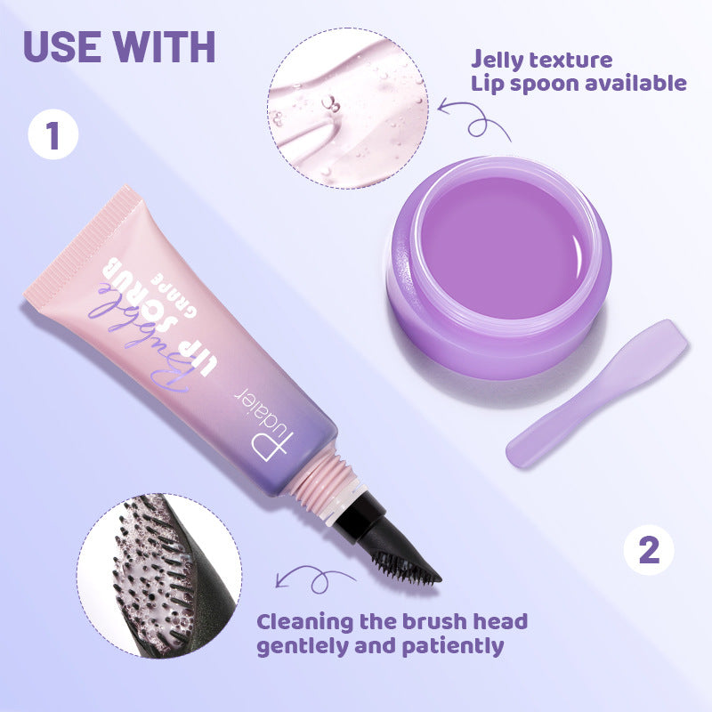 Cosmetic product with a jelly texture lip spoon, cleaning brush, and text instructions on a purple background.