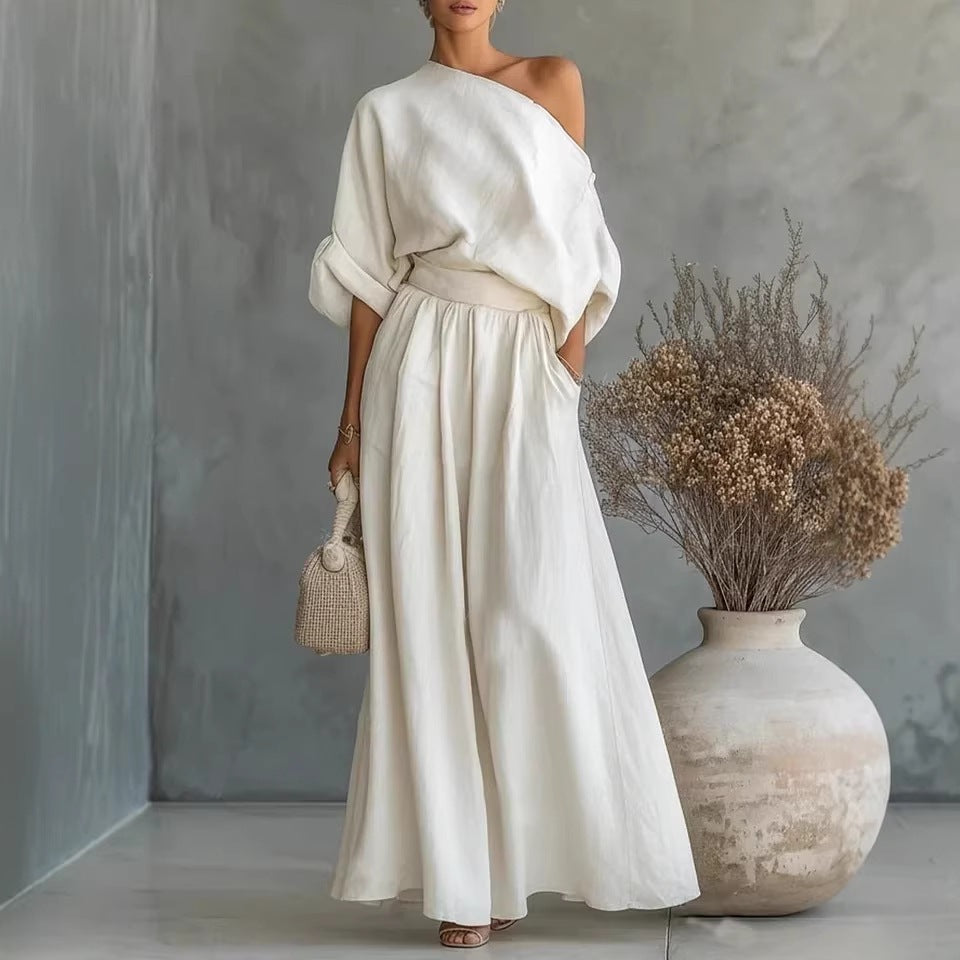 Women's luxe off shoulder cropped top and wide leg pants set