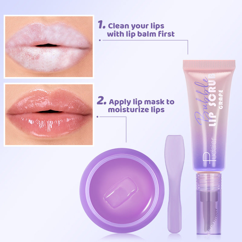 Lip care product set with lip balm, mask, and applicator on a white background