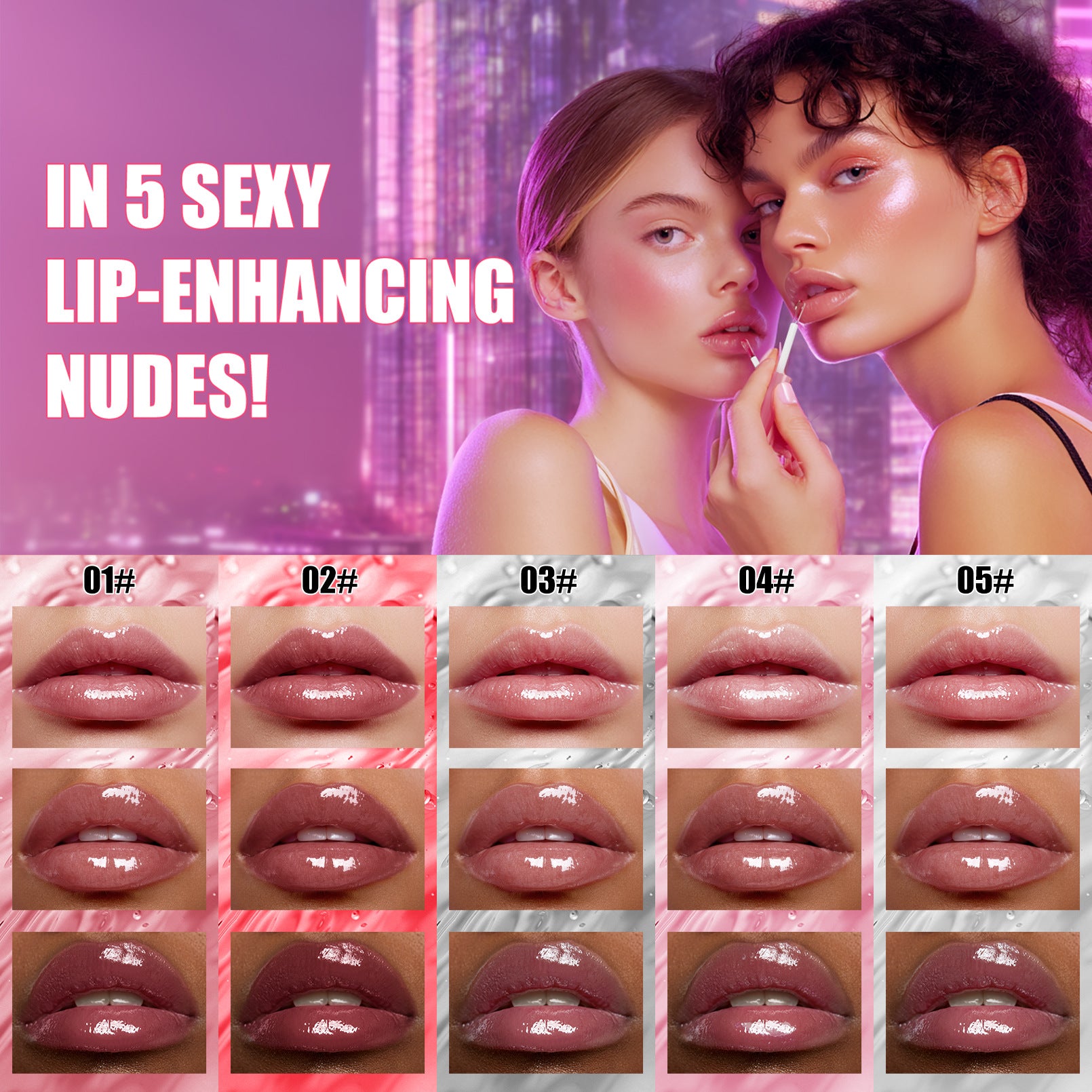 Lipstick application demonstration with model and color swatches on a pink cityscape background.
