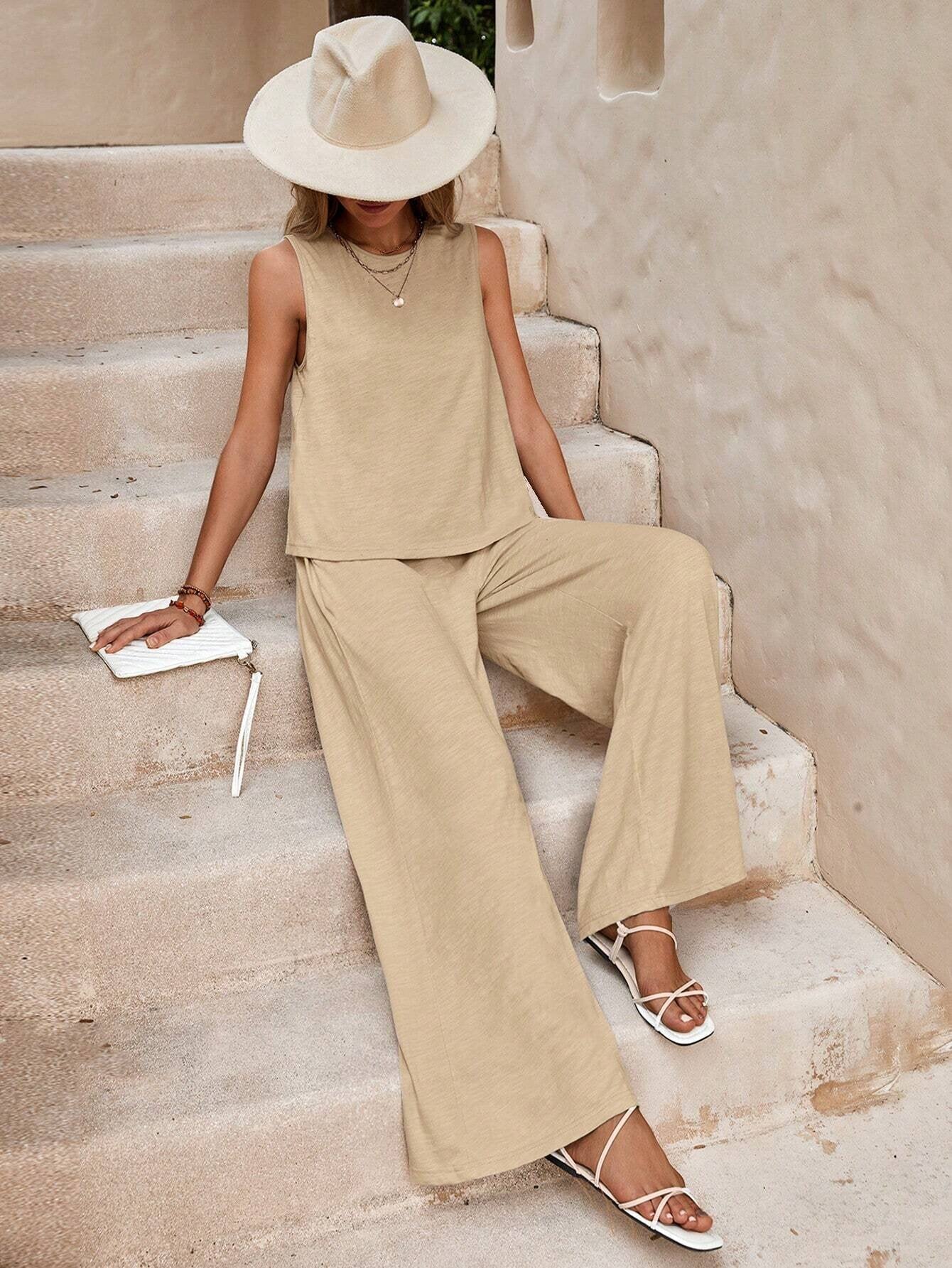 Women Solid Color Two Piece Set Loose Top and Full Length Pants