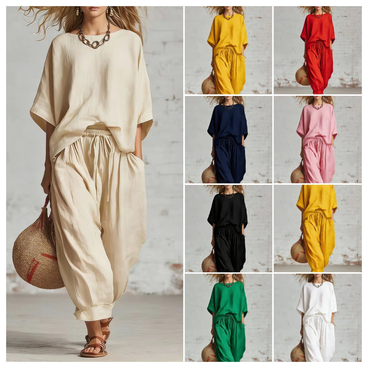 Women's solid color relaxed fit two-piece casual outfit