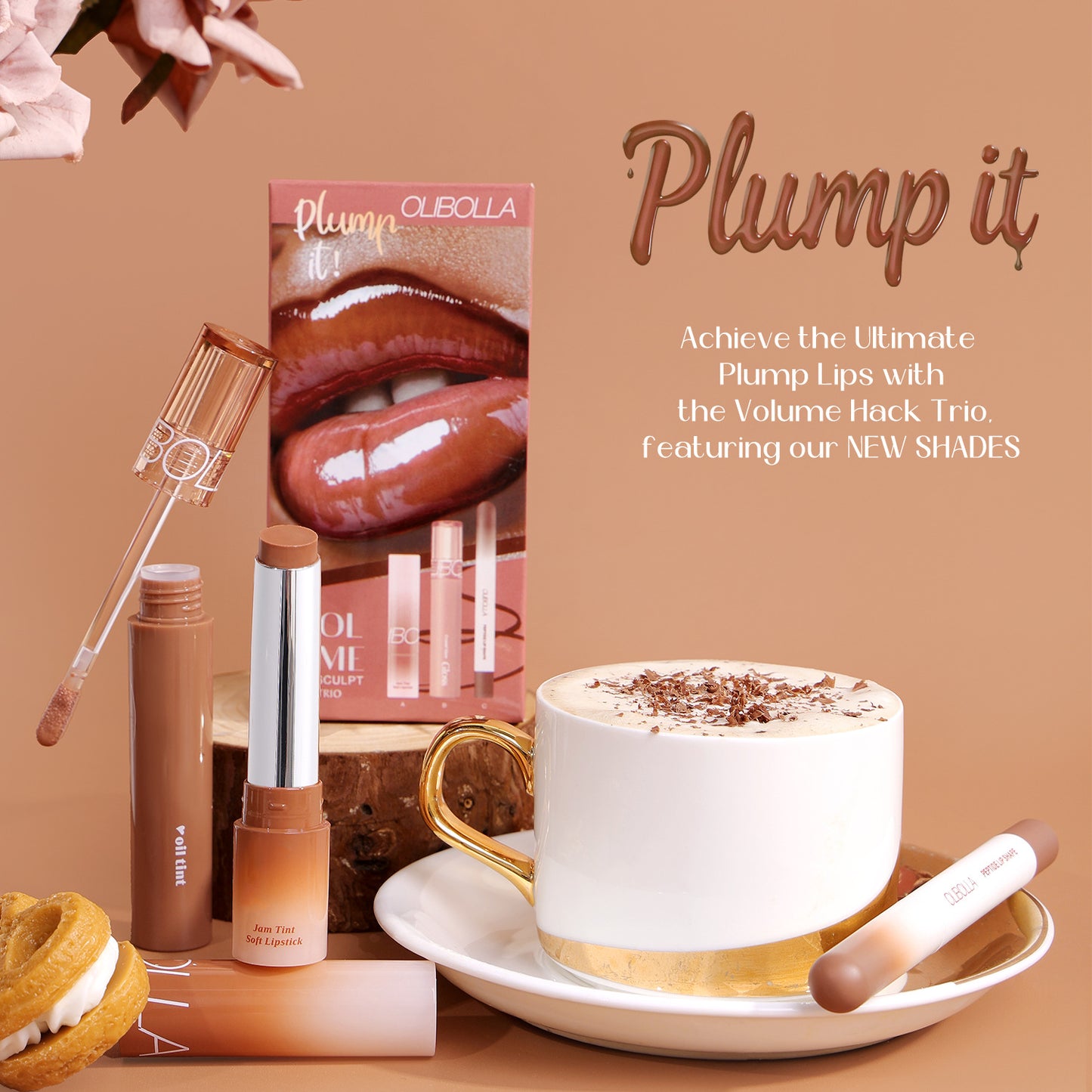 Makeup products with a cup of hot chocolate and cookies on a brown background