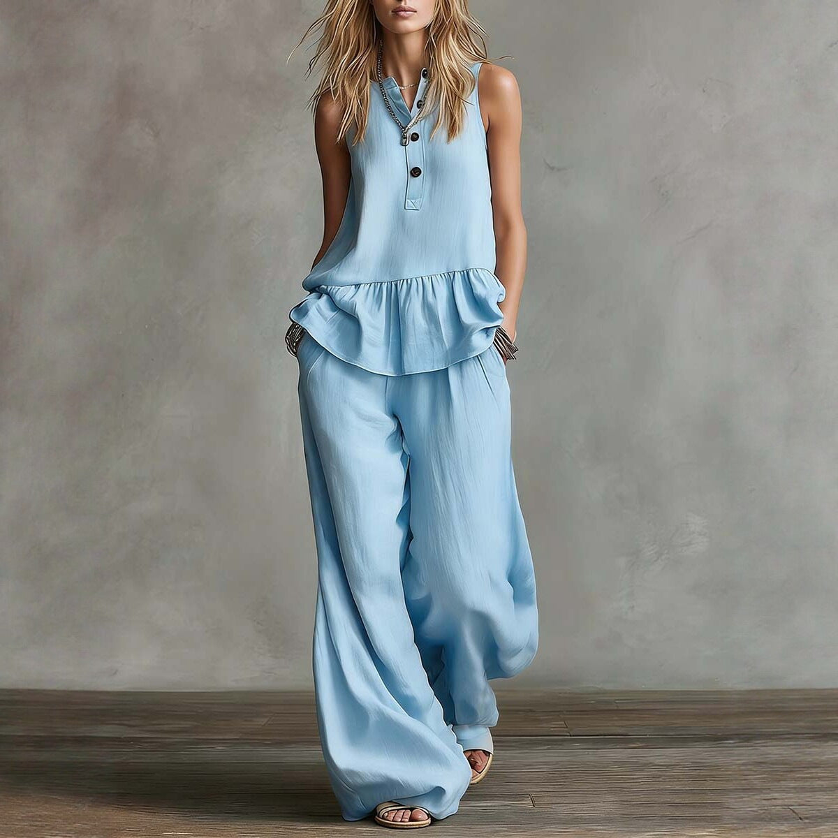 Women Loose Fit Top and High Waist Wide Leg Pants Set