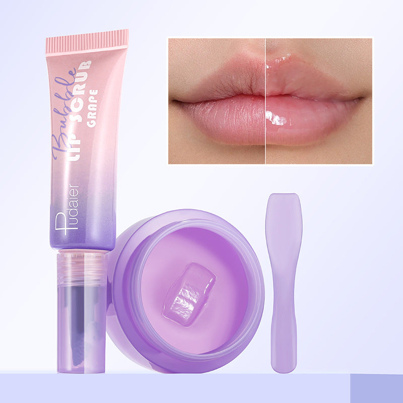 Lip balm tube, container, and applicator with close-up of lips on a light purple background