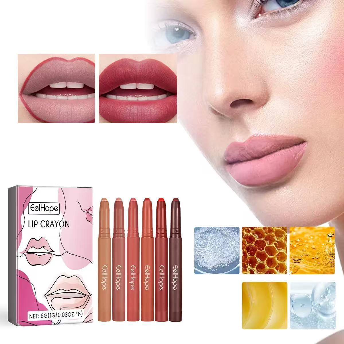 Set of lip crayons with packaging and close-up of lips wearing the product