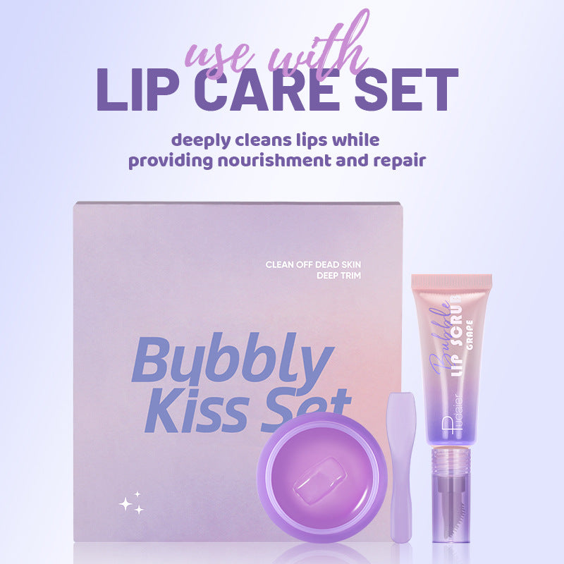 Lip care set with packaging and products on a light purple background