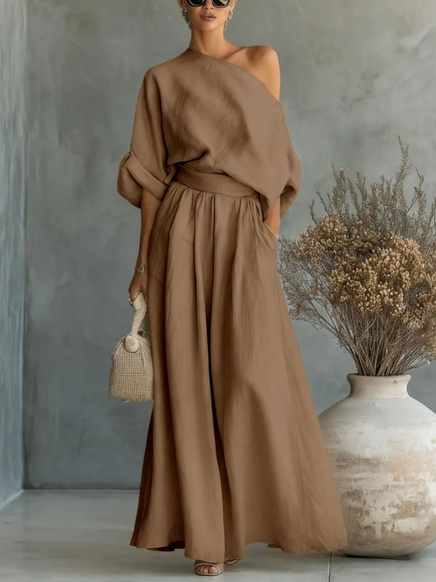 Women's Off-Shoulder Cropped Top and Pants Two-Piece Set